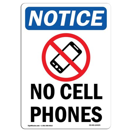 SIGNMISSION Safety Sign, OSHA Notice, 10" Height, Aluminum, No Cell Phones Sign With Symbol, Portrait OS-NS-A-710-V-14429